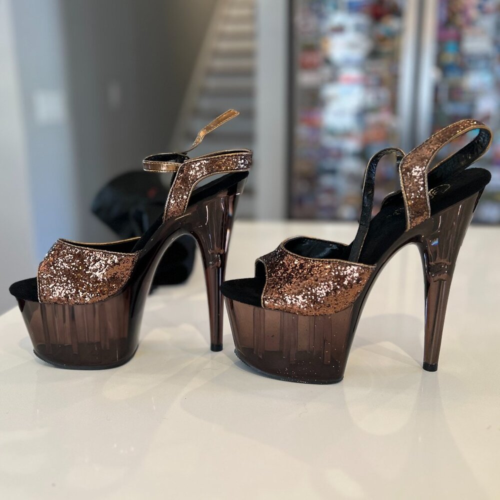 Pleaser Moon-710GT 7" Stiletto Platform Heel - Bronze Glitter/Bronze Tinted SZ 9